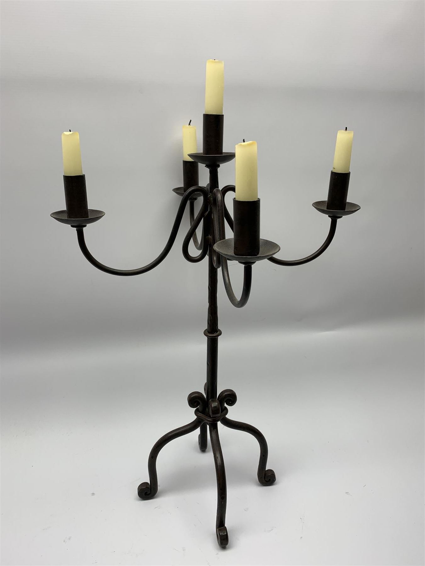A patinated wrought iron five branch candelabra - Image 3 of 6