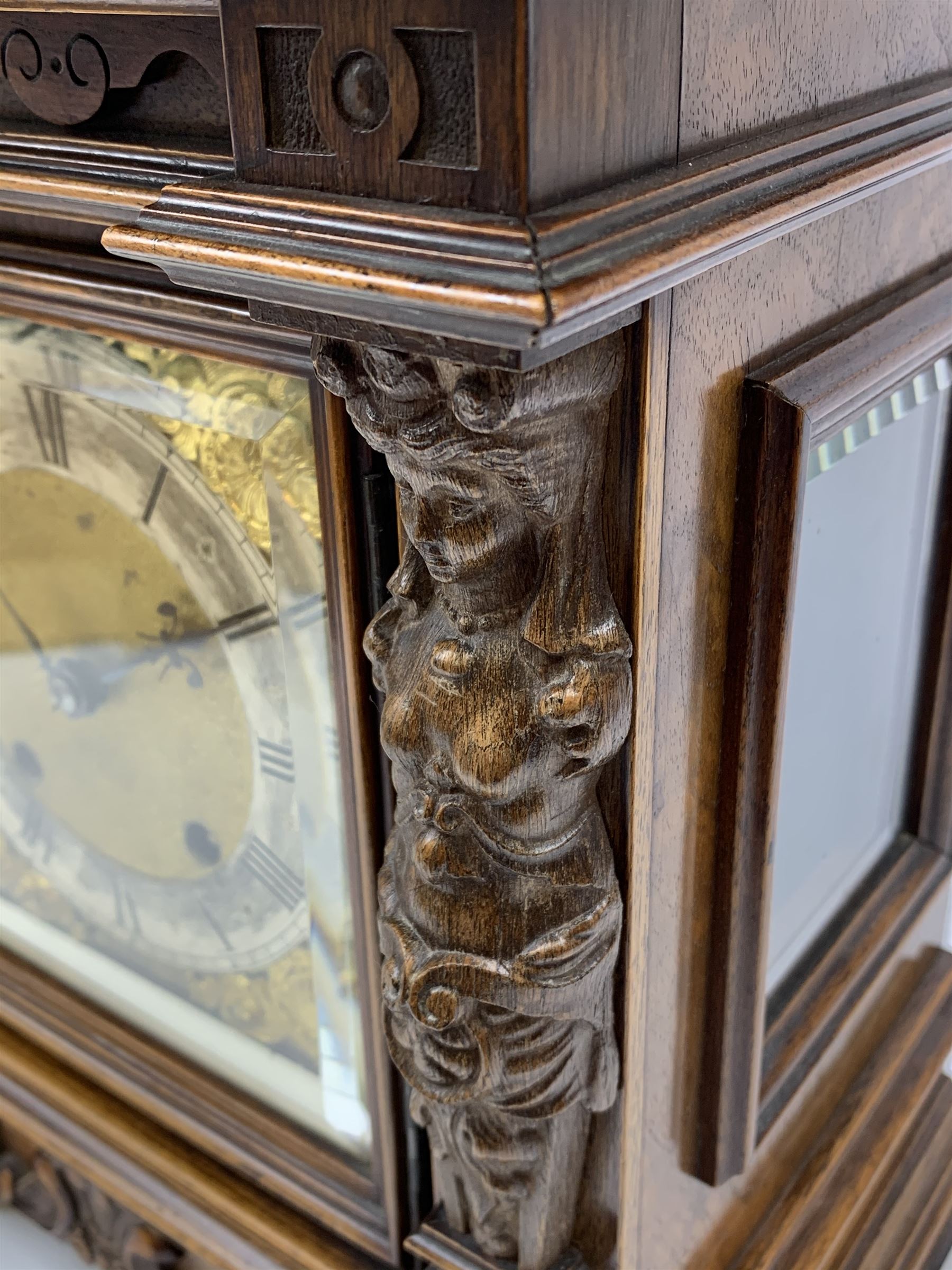 Late 19th century walnut cased architectural mantel clock, caddy pediment carved with tile effect ra - Image 6 of 7