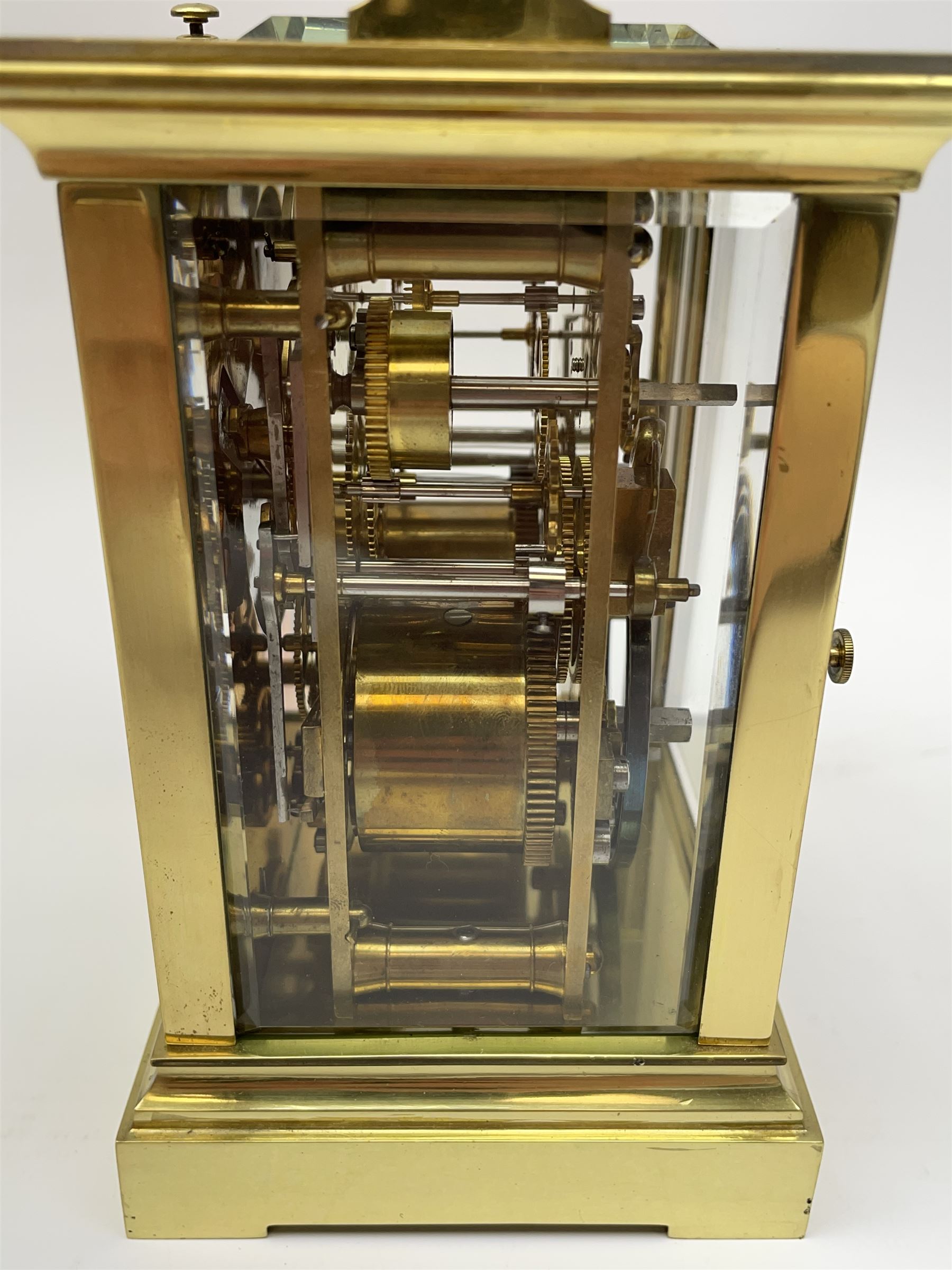 Early 20th century brass and bevelled glass repeater carriage clock with alarm - Image 6 of 9