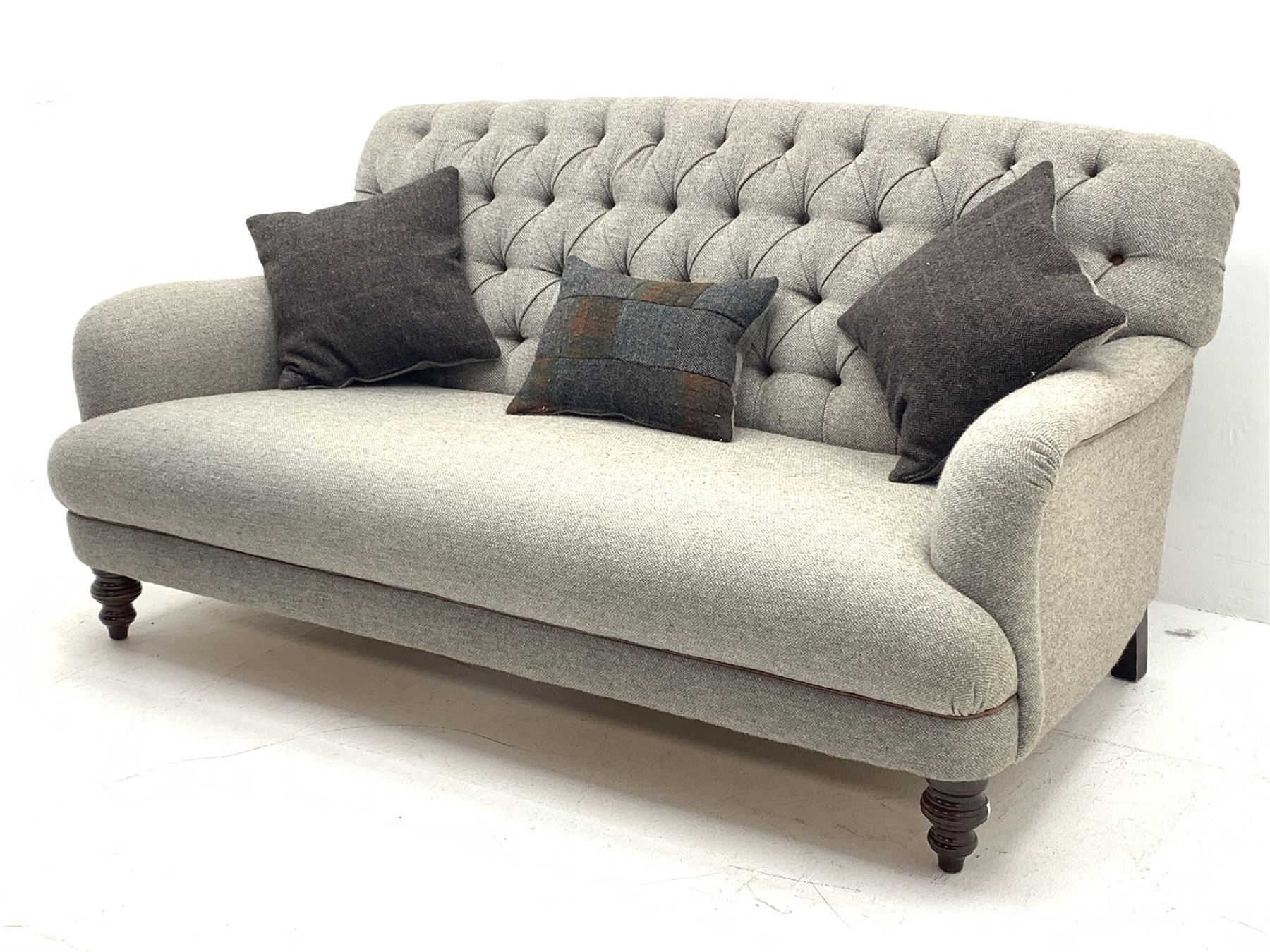 Traditional shaped three seat sofa upholstered in buttoned Harris Tweed fabric, turned front support - Image 2 of 6