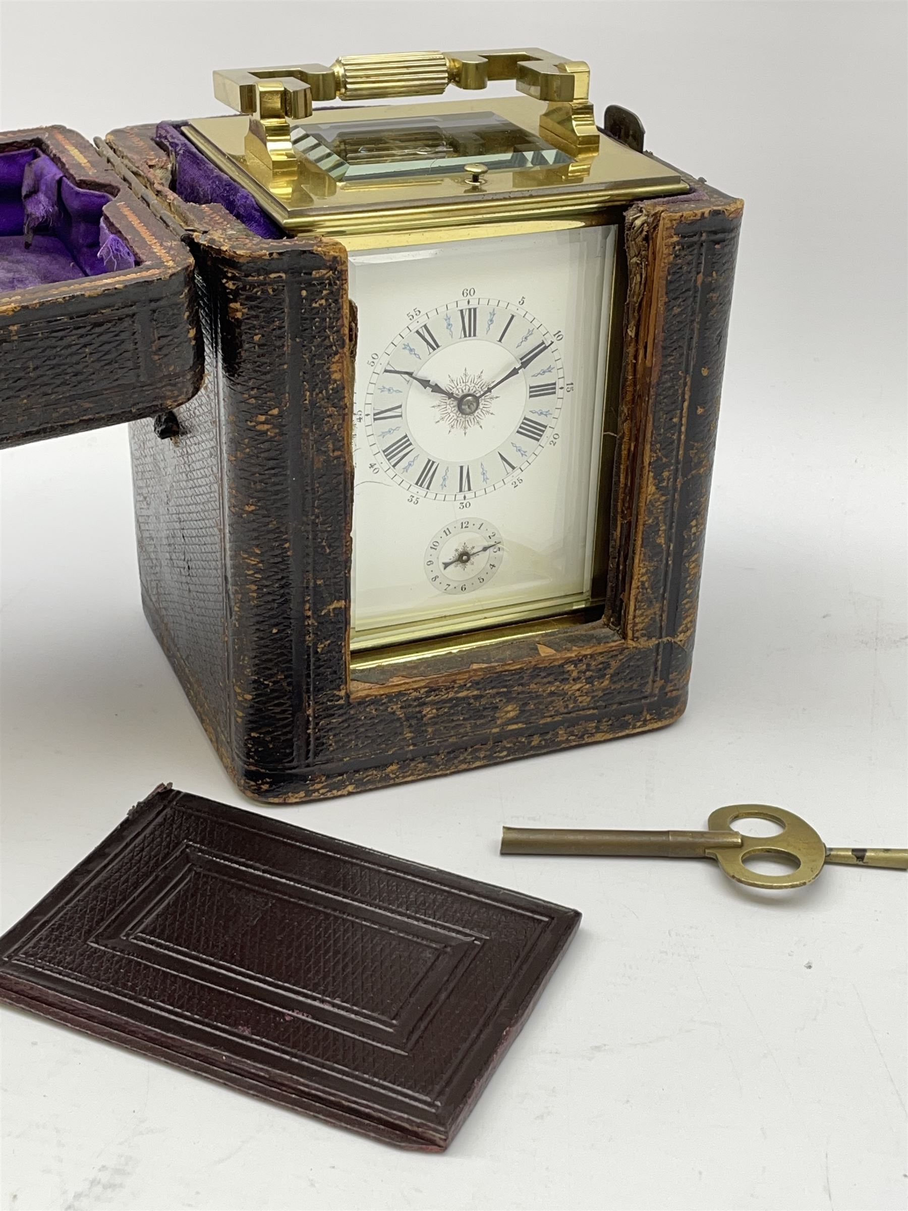 Early 20th century brass and bevelled glass repeater carriage clock with alarm - Image 9 of 9