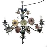 Late 20th century Toleware style naturalistic painted metal two branch chandelier, decorated with tr