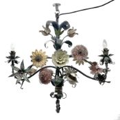 Late 20th century Toleware style naturalistic painted metal two branch chandelier, decorated with tr