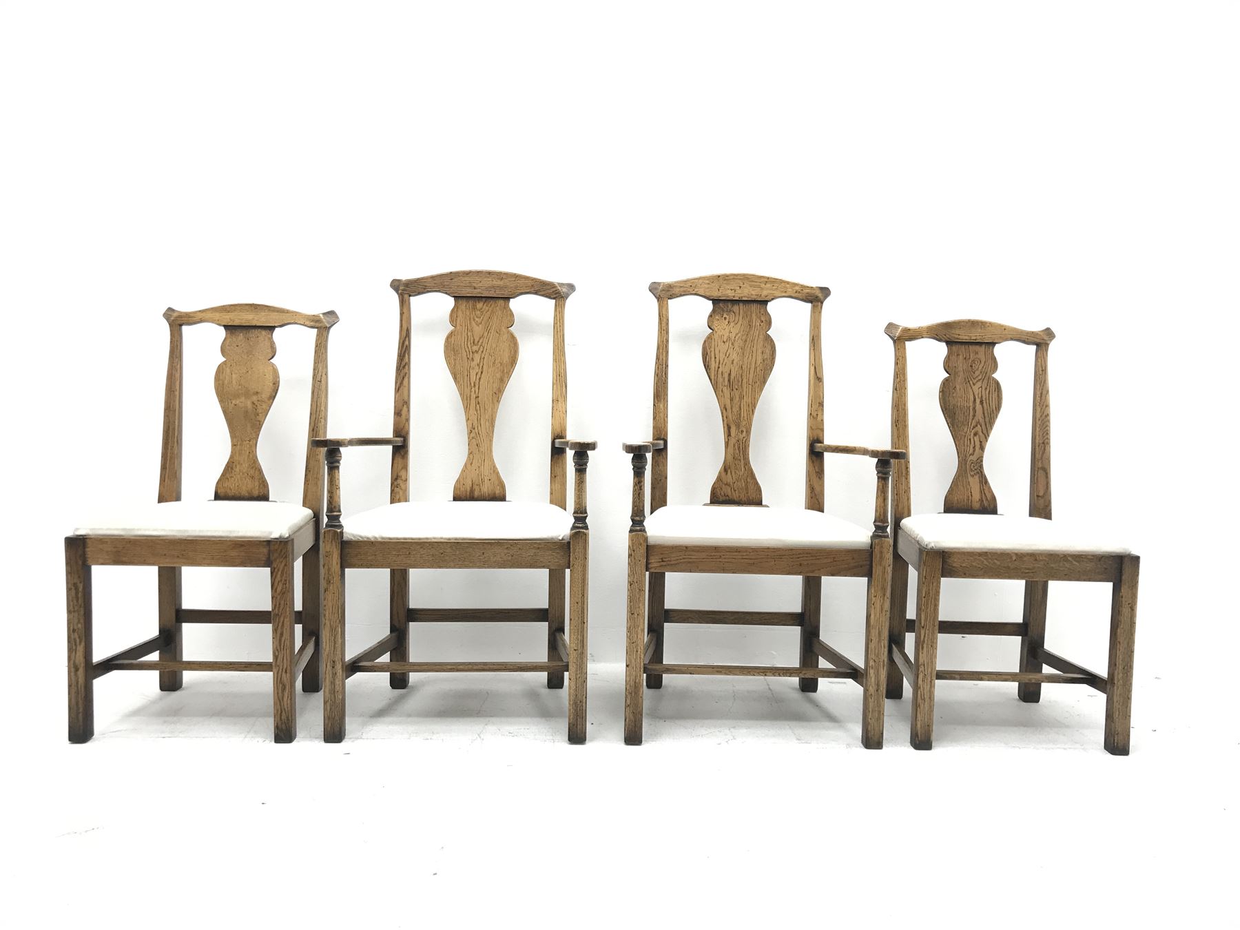 Set eight Georgian style distressed light oak chairs with upholstered removable seat pads, two carve - Image 2 of 5