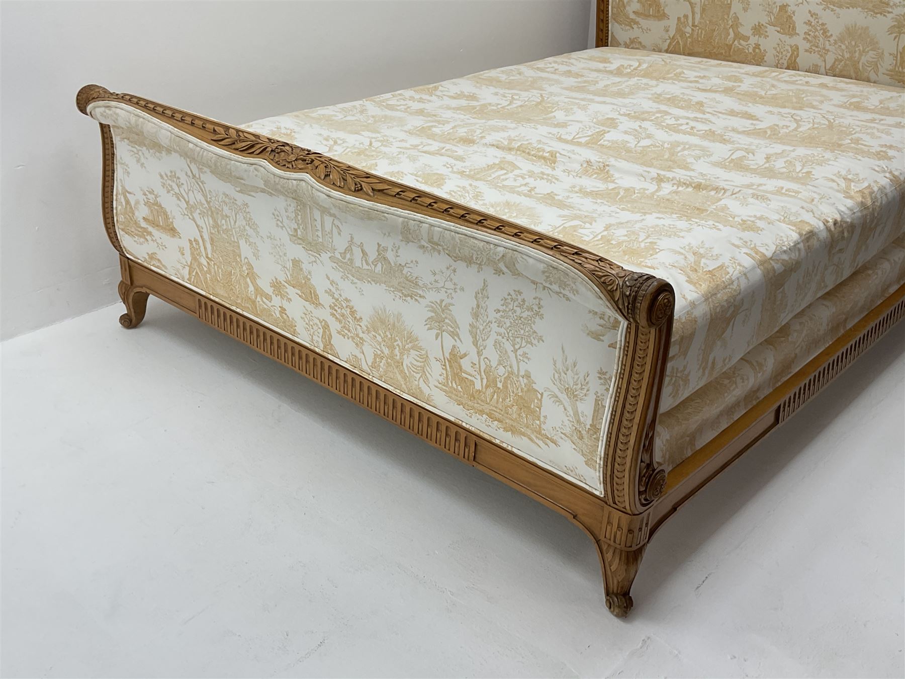 20th century French beech 5� Kingsize upholstered bedstead, ribbon and leaf carved cresting rail, wi - Image 4 of 6