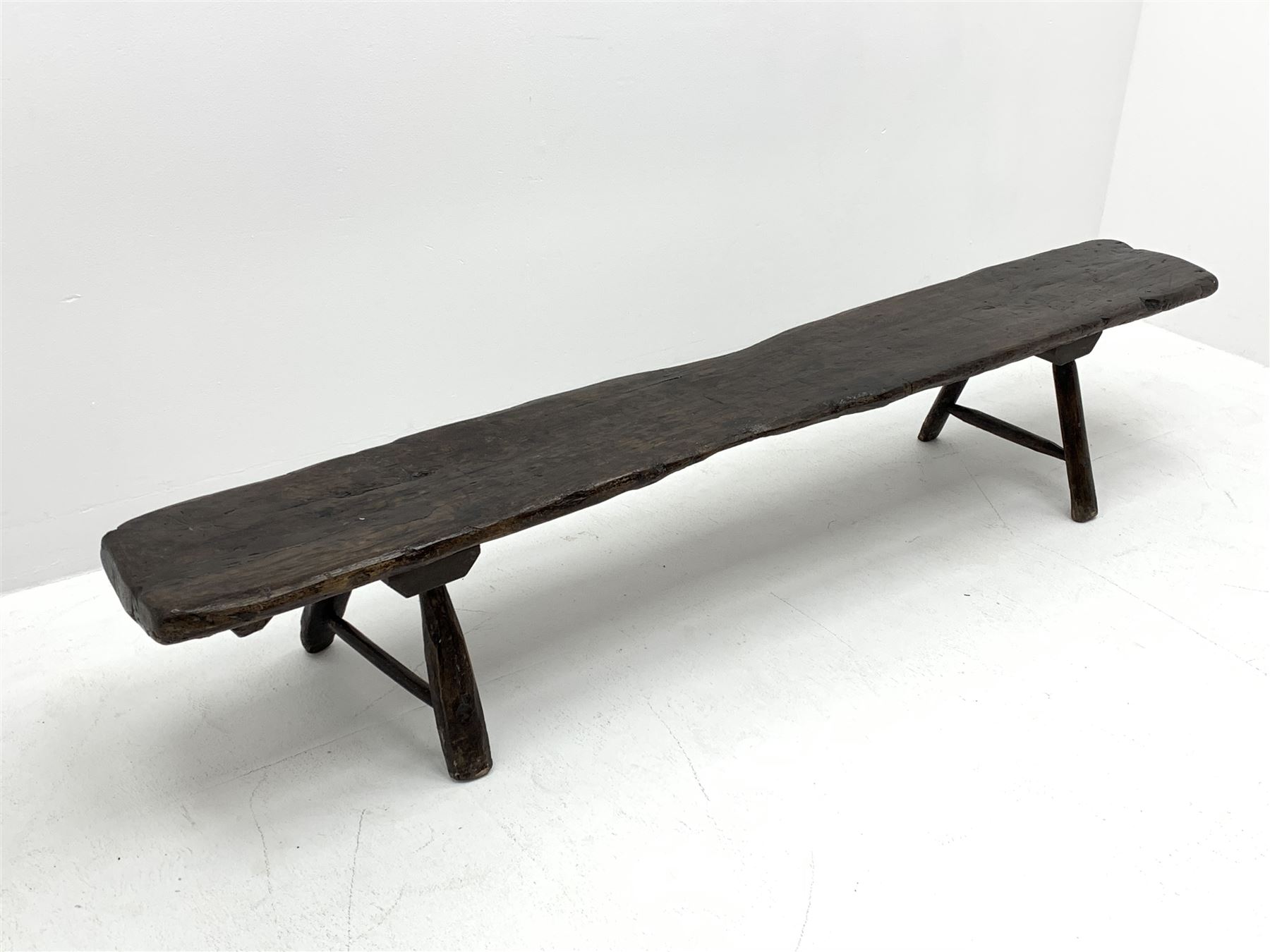 18th/19th century and later large rustic oak plank bench on hewn trestle supports - Image 3 of 6