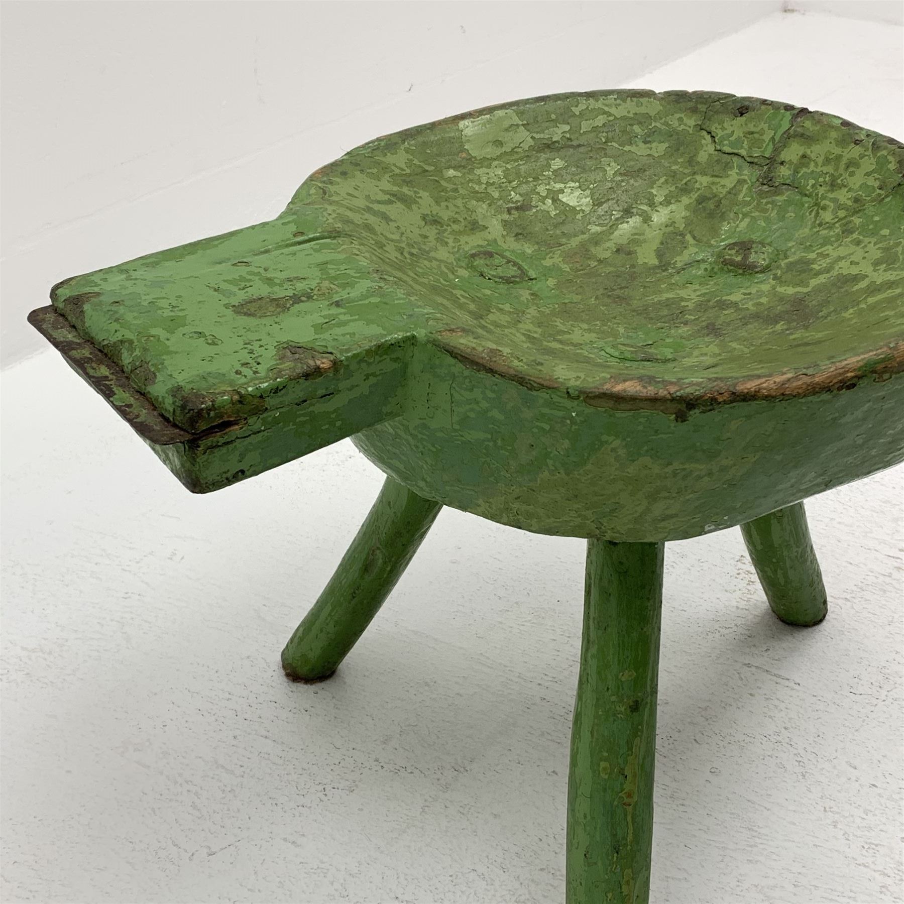 18th/19th century vernacular primitive green painted stool with dished seat fitted with metal scrape - Image 3 of 3