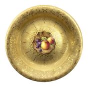 Royal Worcester cabinet dish, decorated with a central hand painted panel of apples and blackberries