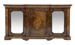 Victorian figured walnut breakfront credenza, moulded top with book matched veneers over cavetto fri