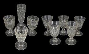 Eight 19th century tripart moulded rummers and a further similar drinking glass, comprising set of f