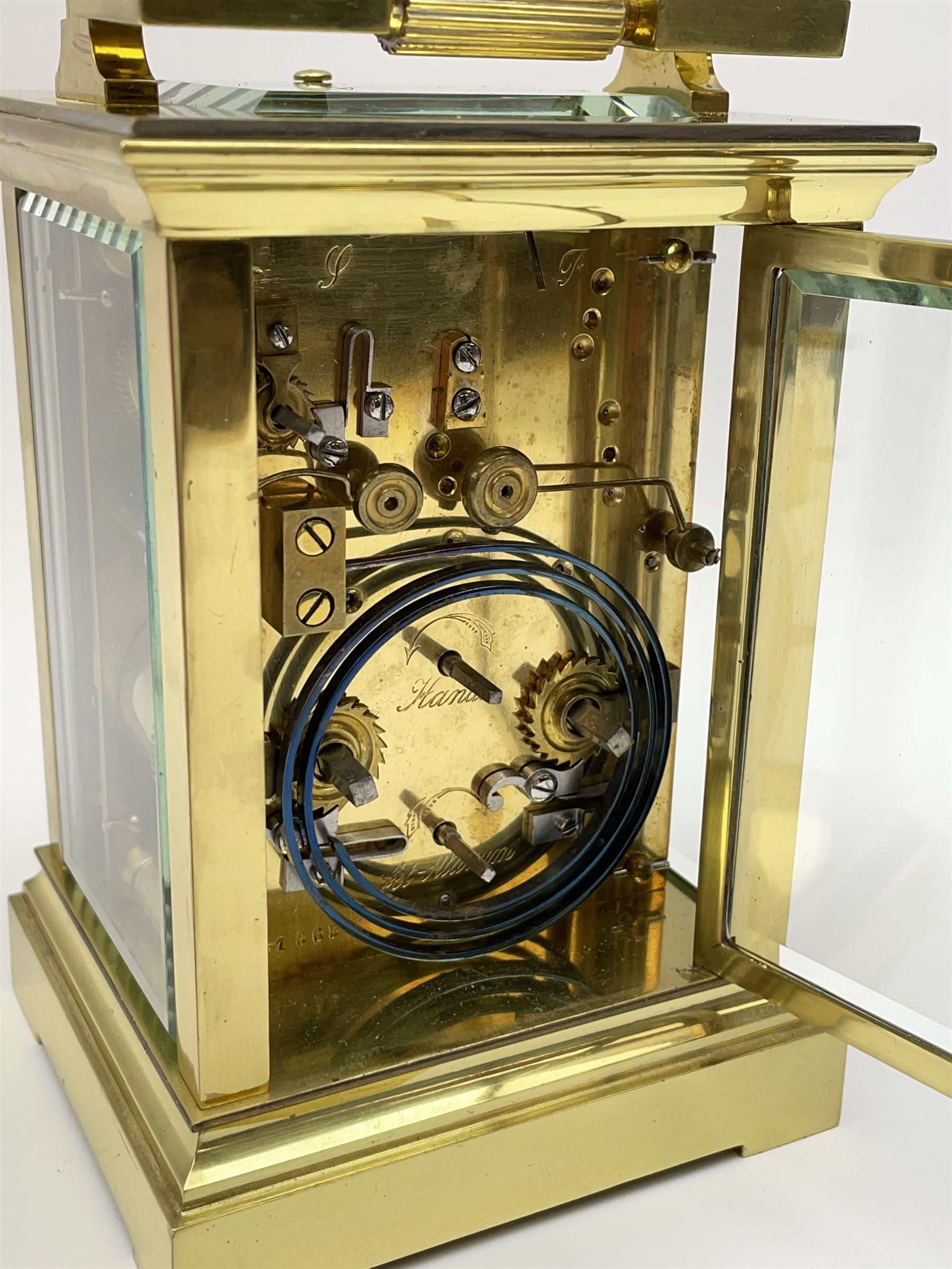 Early 20th century brass and bevelled glass repeater carriage clock with alarm - Image 8 of 9