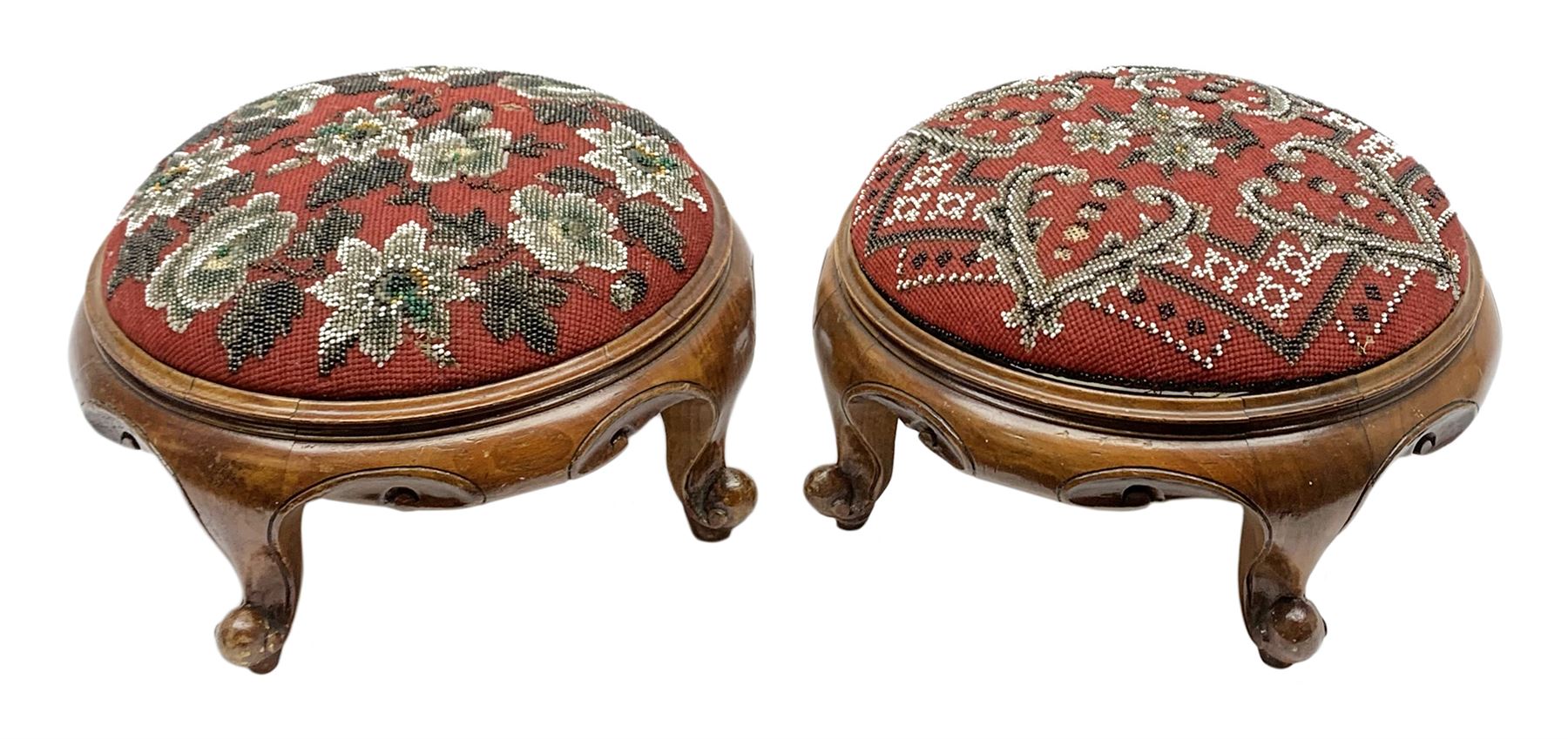 Pair of Victorian beadwork footstools of circular form