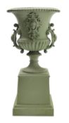 20th century green painted cast iron campana urn on plinth