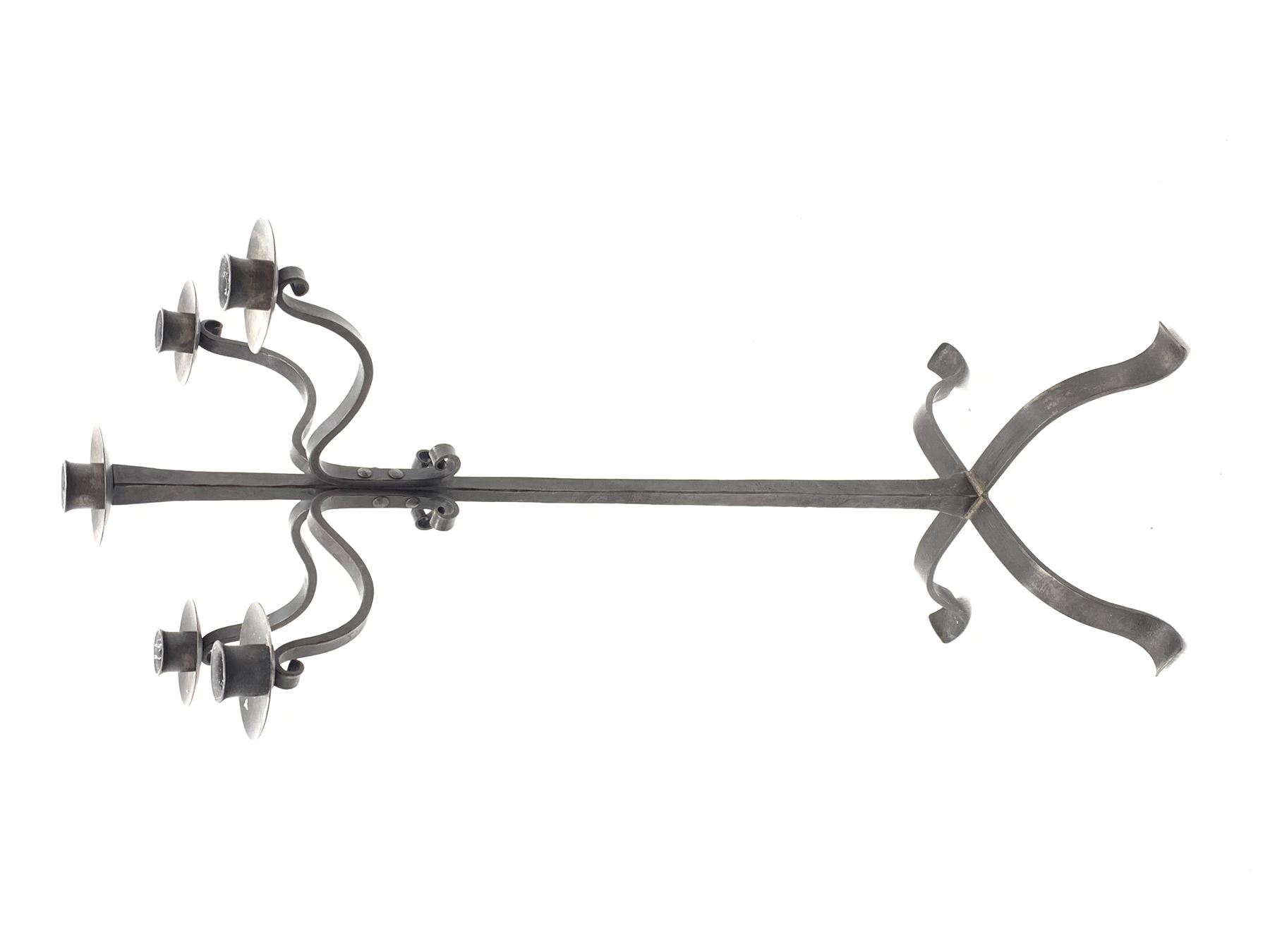 Wrought hand forged iron candle stand, four scrolled branches and central vertical branch with sconc - Image 4 of 5