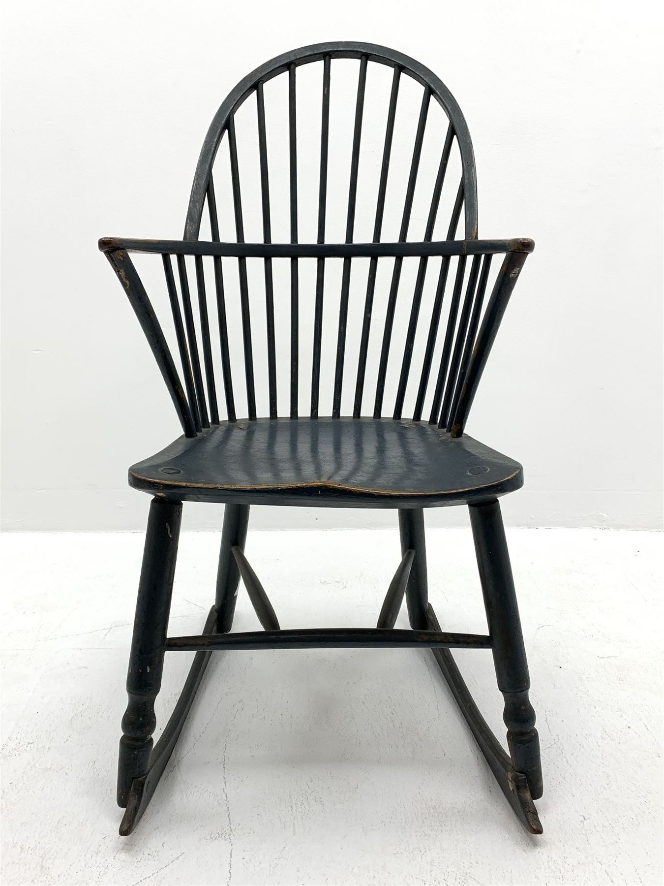 Early 19th century painted elm and oak high comb back Windsor rocking armchair - Image 3 of 6