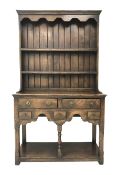 Small Georgian style distressed medium oak dresser, fitted with five drawers, pot-board base and two
