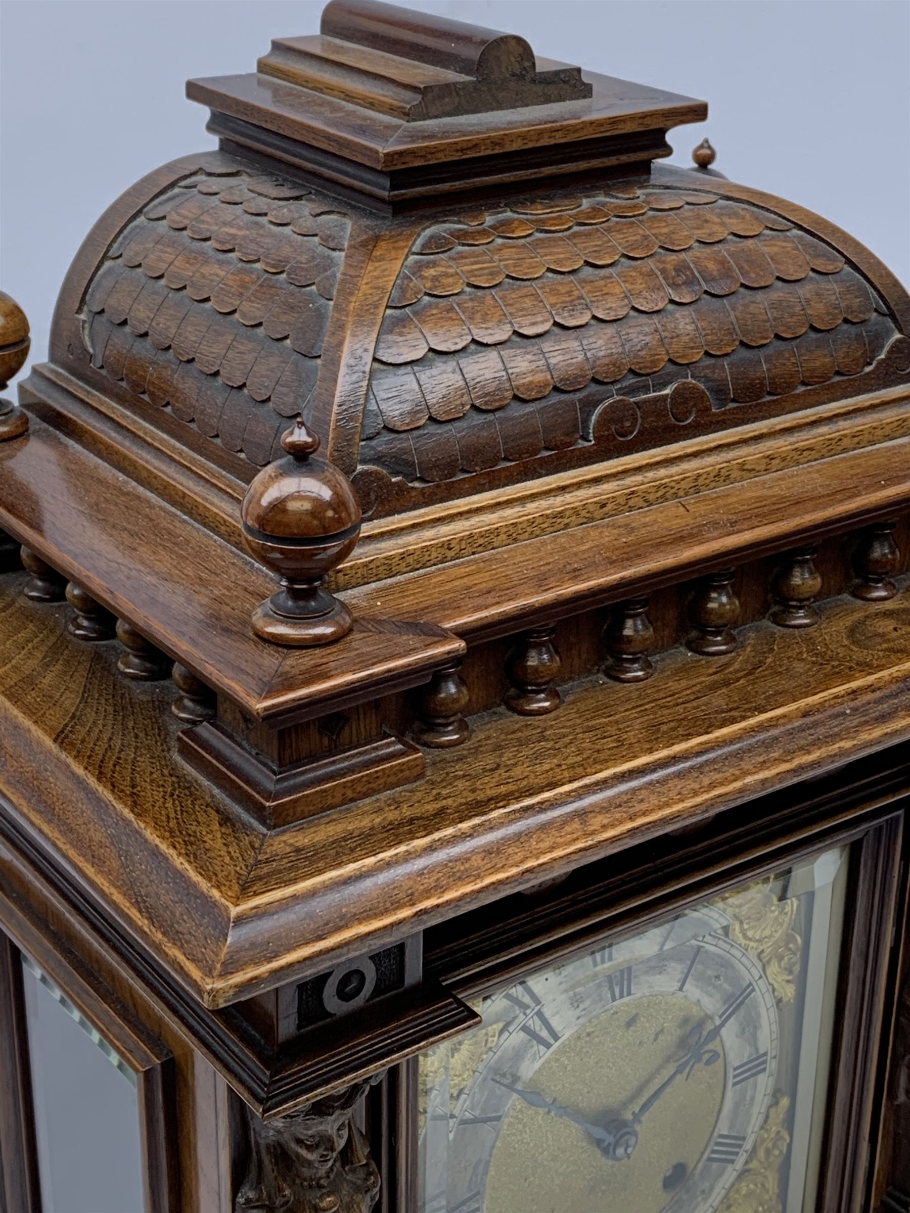 Late 19th century walnut cased architectural mantel clock, caddy pediment carved with tile effect ra - Image 2 of 7