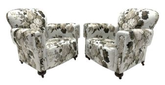 Pair early 20th century drawing room armchairs, beech frames and sprung seats, upholstered in 'Symph