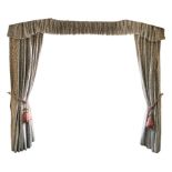 Pair heavy quality lined curtains in silver green embossed cut velvet