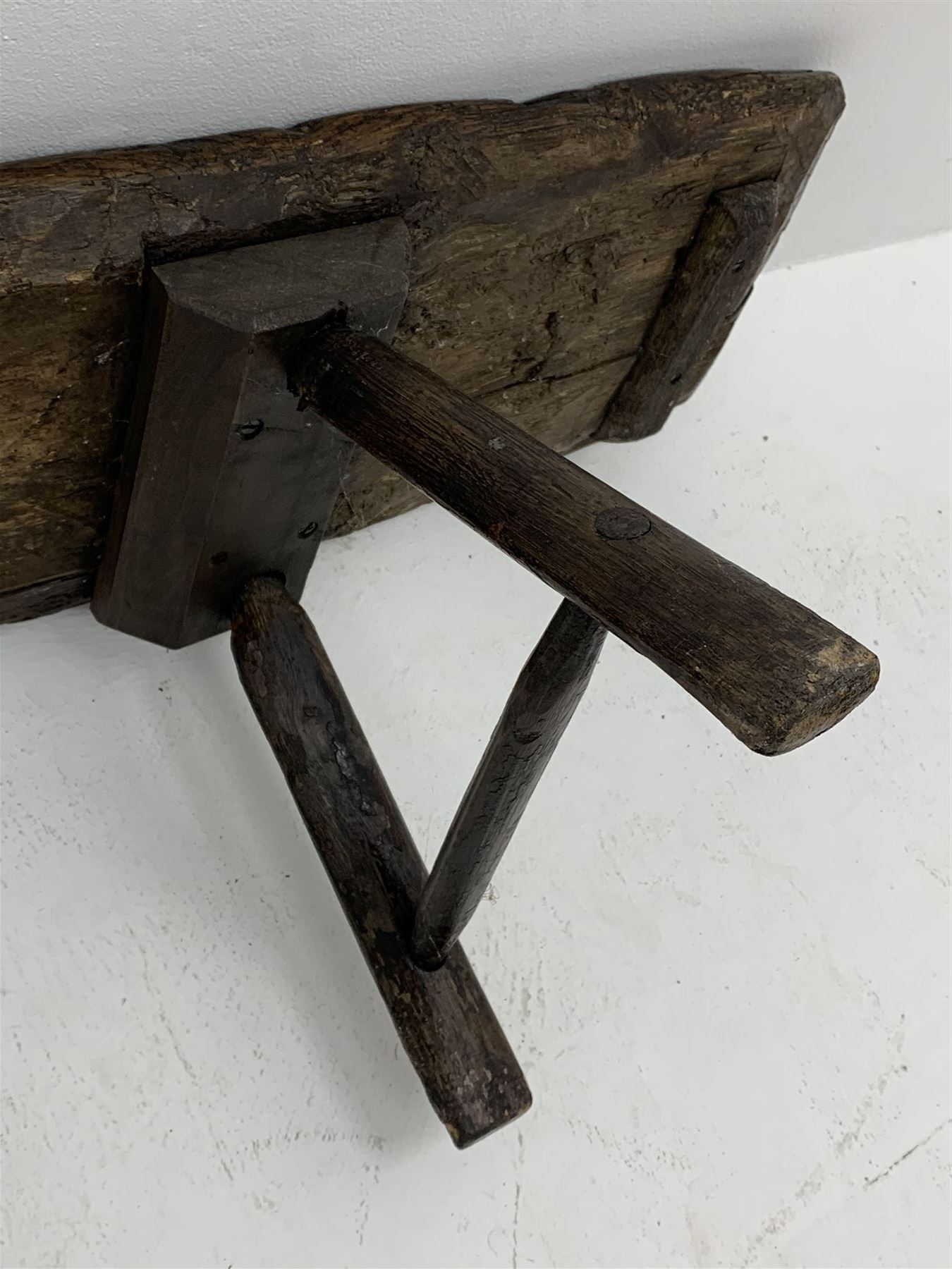 18th/19th century and later large rustic oak plank bench on hewn trestle supports - Image 4 of 6