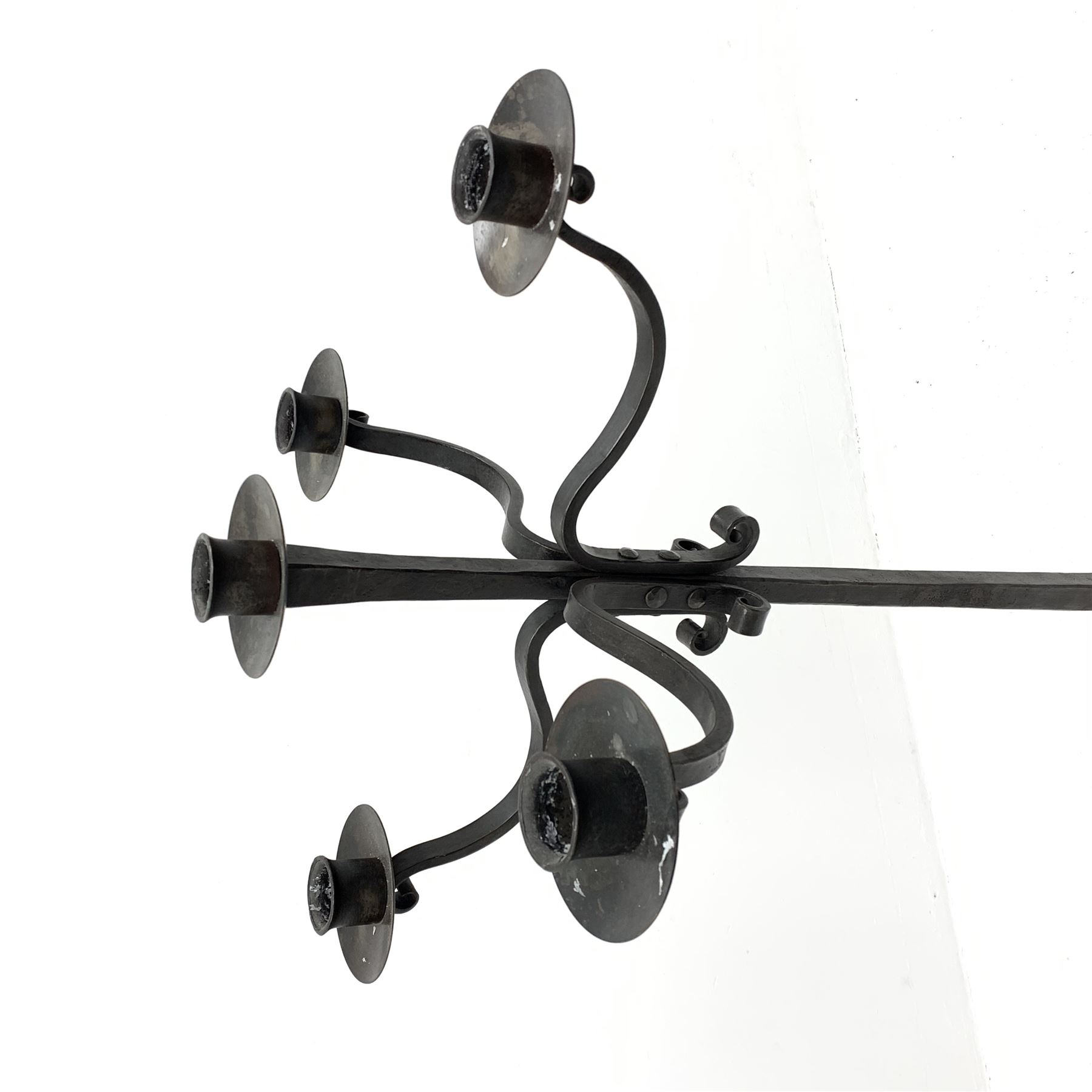 Wrought hand forged iron candle stand, four scrolled branches and central vertical branch with sconc - Image 5 of 5