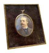 Edwardian painted portrait miniature upon ivory, head and shoulder portrait of a gentleman, in oval