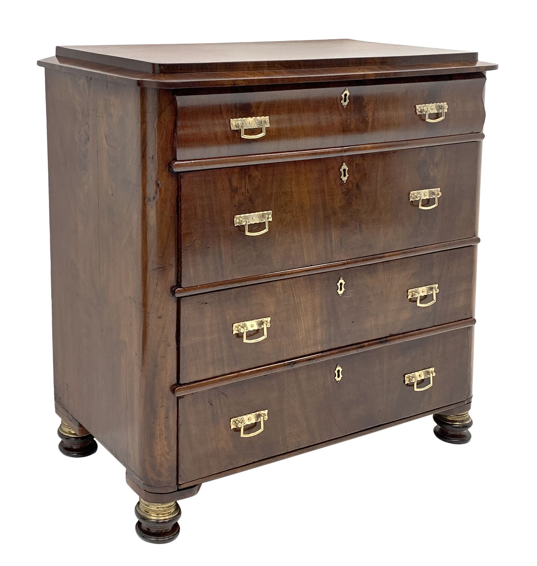19th century figured mahogany chest, stepped rectangular top with quarter matched veneers and rounde