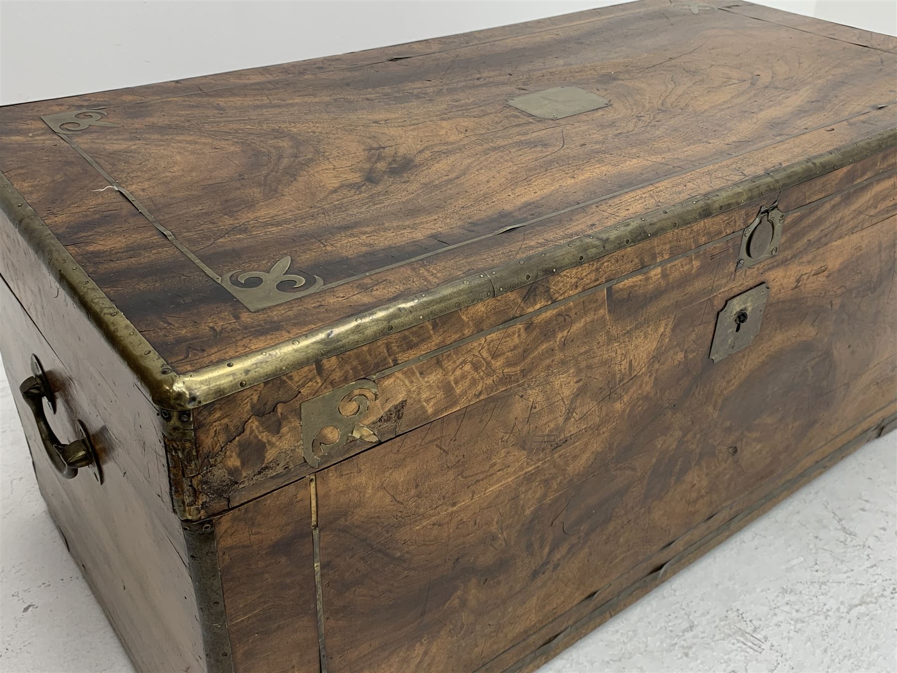 19th century brass bound camphor wood campaign chest, with decorative brass inlays and carrying hand - Image 3 of 5