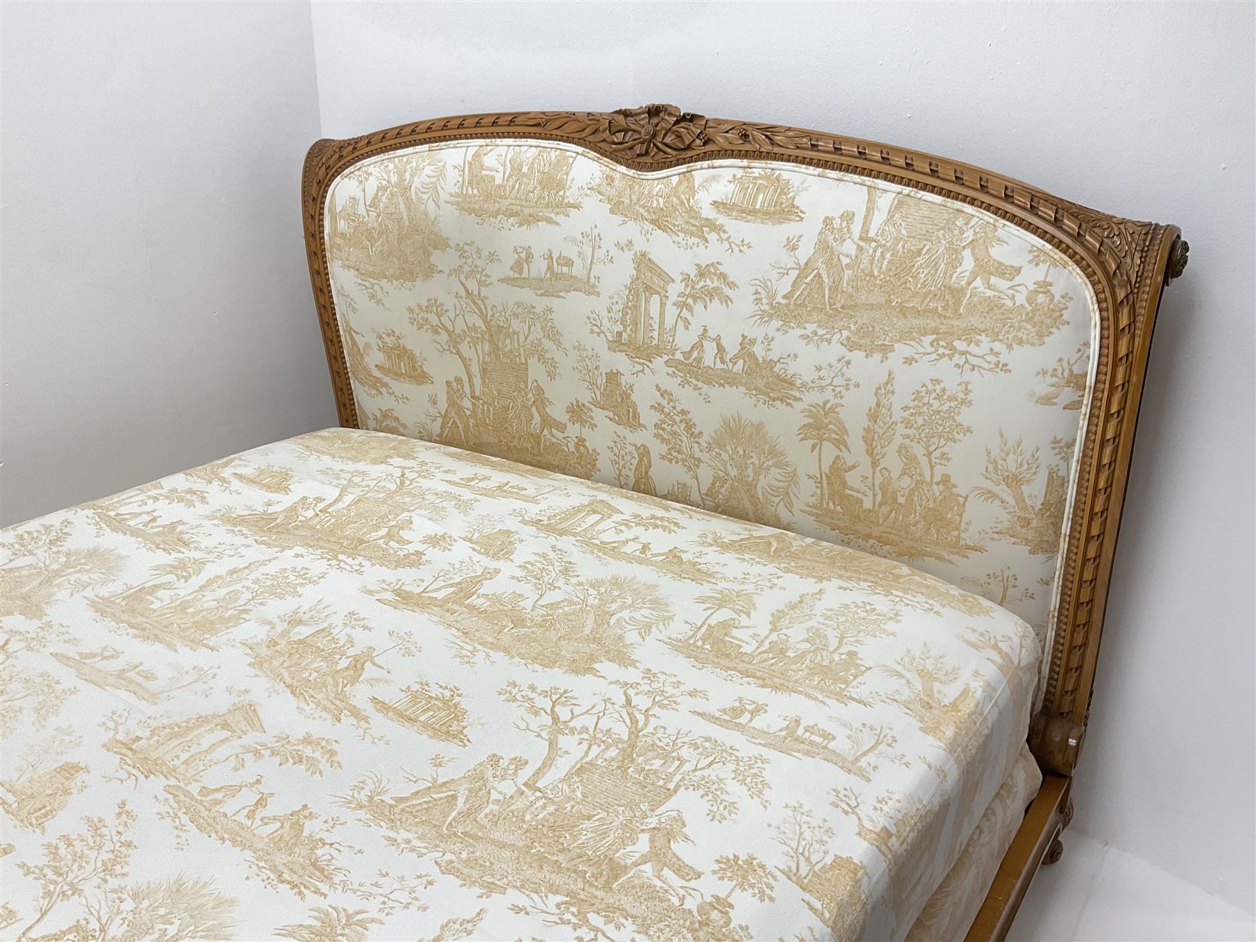 20th century French beech 5� Kingsize upholstered bedstead, ribbon and leaf carved cresting rail, wi - Image 3 of 6