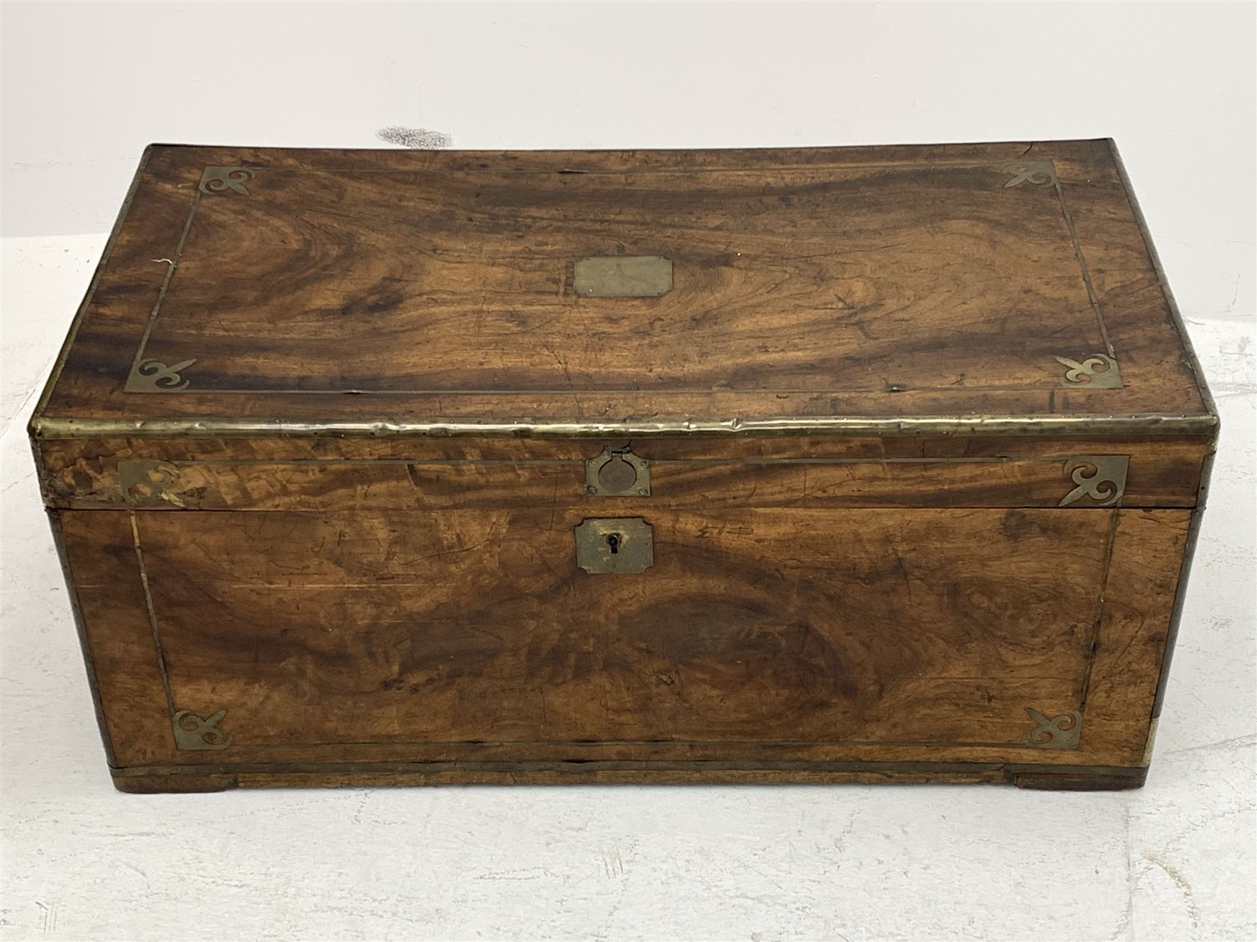 19th century brass bound camphor wood campaign chest, with decorative brass inlays and carrying hand - Image 2 of 5