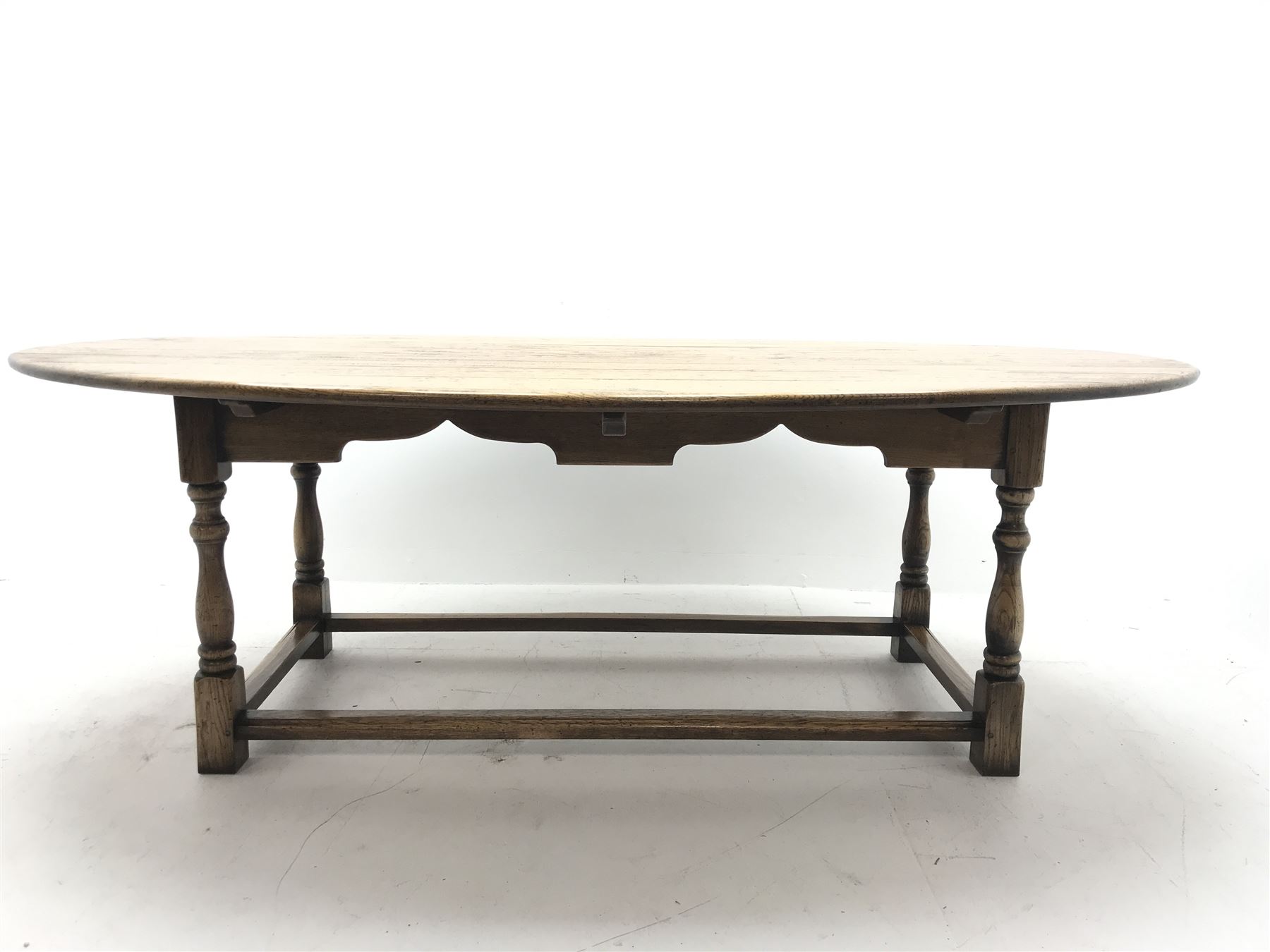 17th century style oval distressed light oak plank top dining table, rectangular stretcher base, L22 - Image 4 of 5