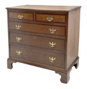 George III oak chest, rectangular top with moulded edge over two short and three long drawers each w