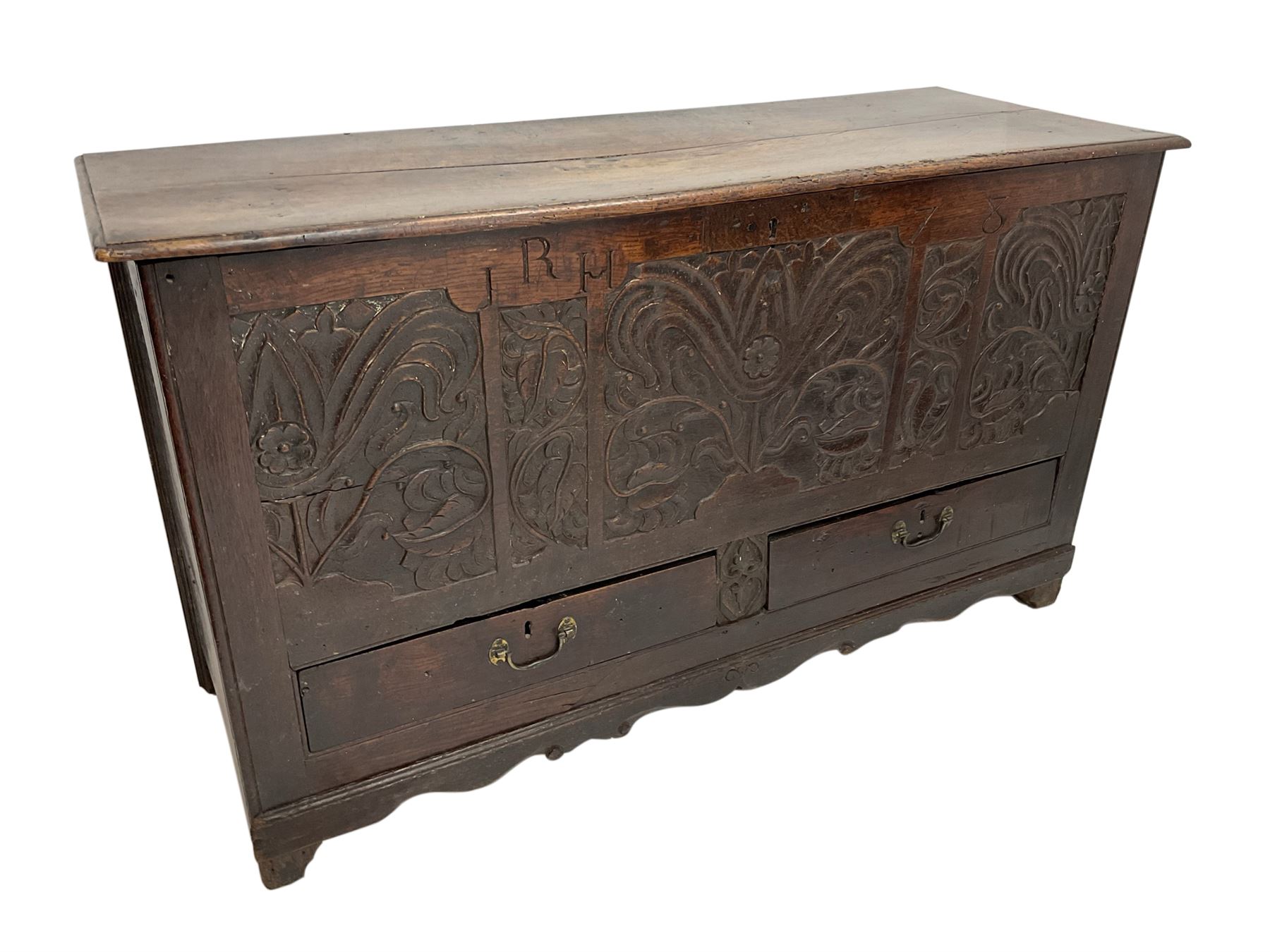 Late 18th century carved oak mule chest