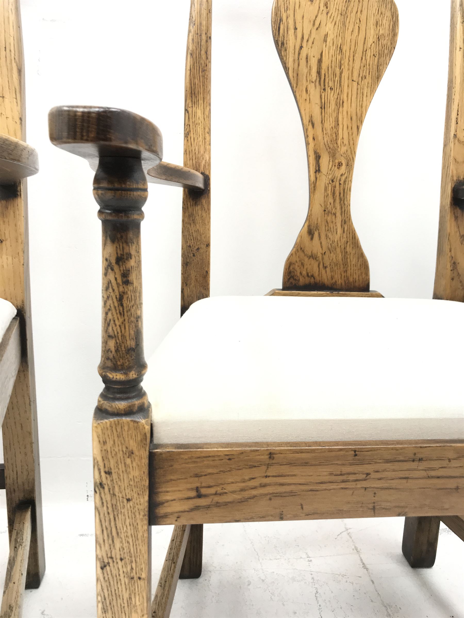 Set eight Georgian style distressed light oak chairs with upholstered removable seat pads, two carve - Image 4 of 5