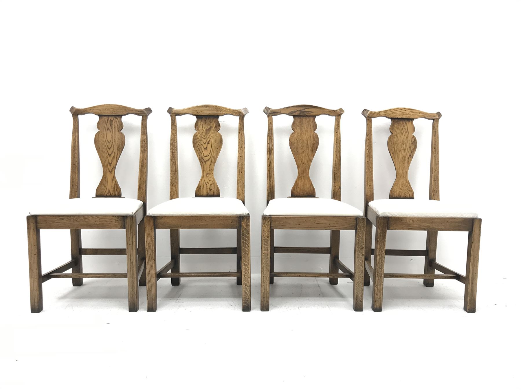 Set eight Georgian style distressed light oak chairs with upholstered removable seat pads, two carve - Image 5 of 5