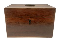 George III plum pudding mahogany tea caddy, of rectangular form with handle to the hinged cover, ope