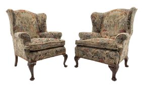 Matched pair early 20th century Queen Anne style wingback armchairs