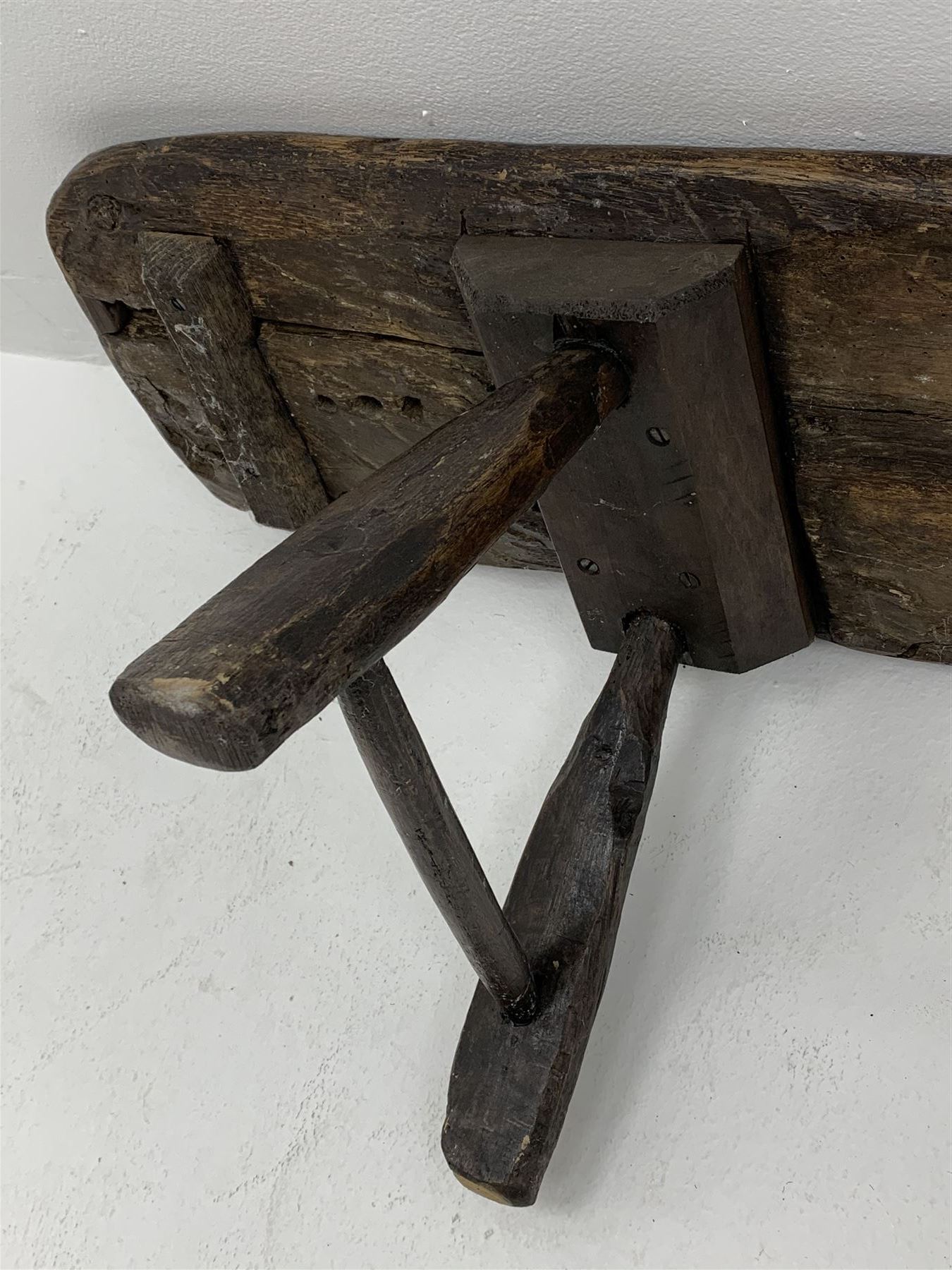 18th/19th century and later large rustic oak plank bench on hewn trestle supports - Image 5 of 6