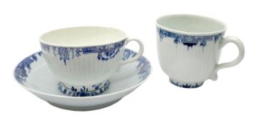 18th century Worcester trembleuse saucer, tea cup, and coffee cup, circa 1760, each of part reeded f