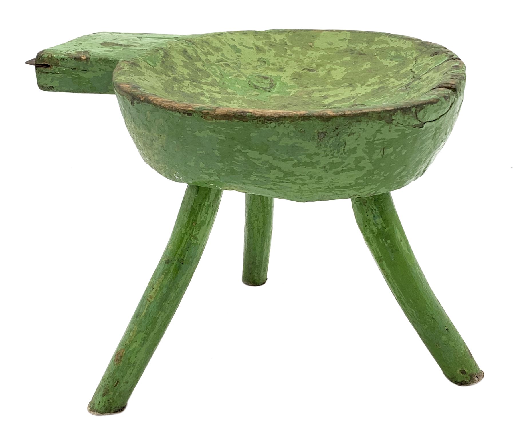 18th/19th century vernacular primitive green painted stool with dished seat fitted with metal scrape