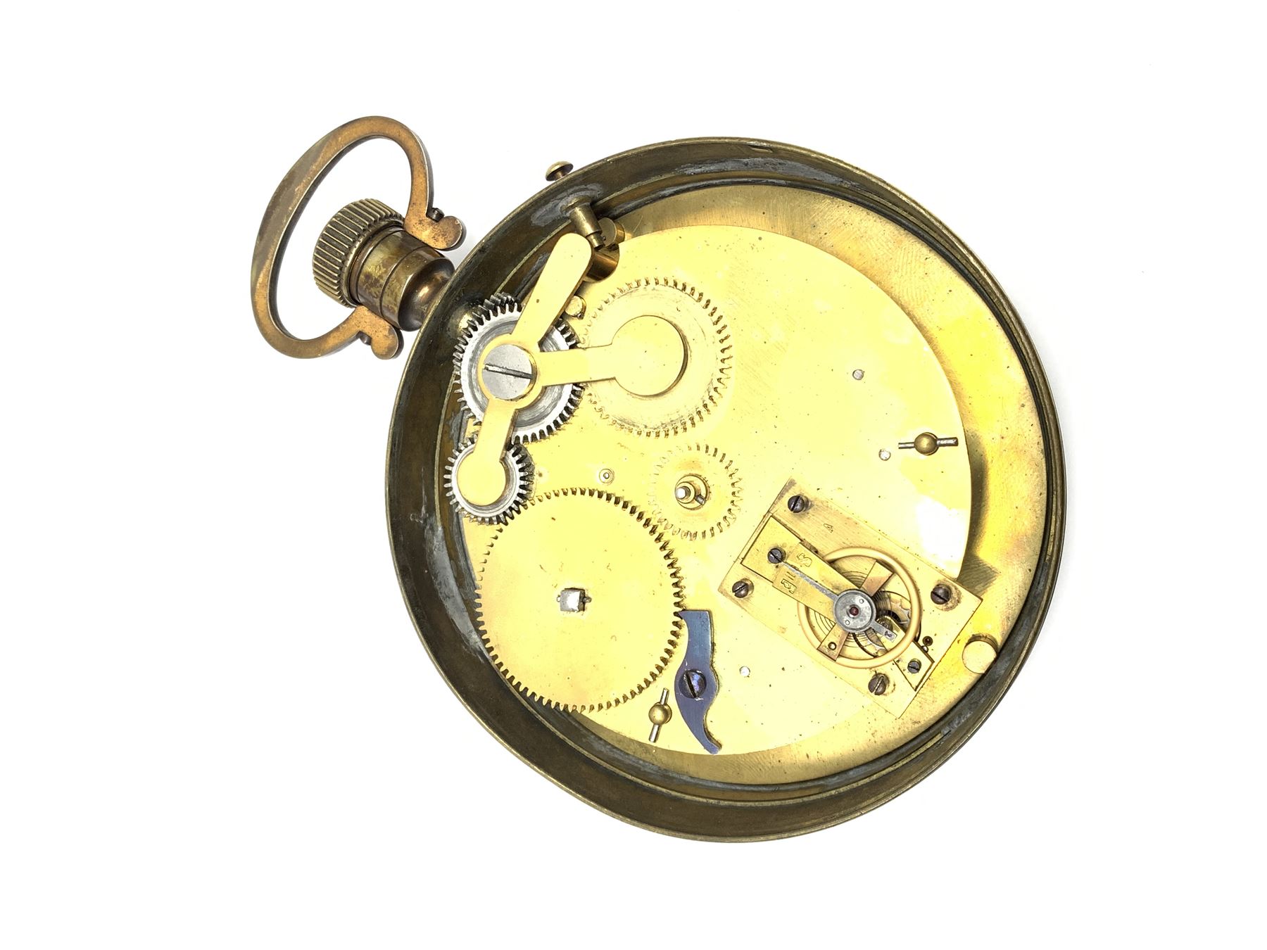 Late 19th century brass cased oversized pocket watch timepiece clock, circular enamel Roman chapter - Image 5 of 6