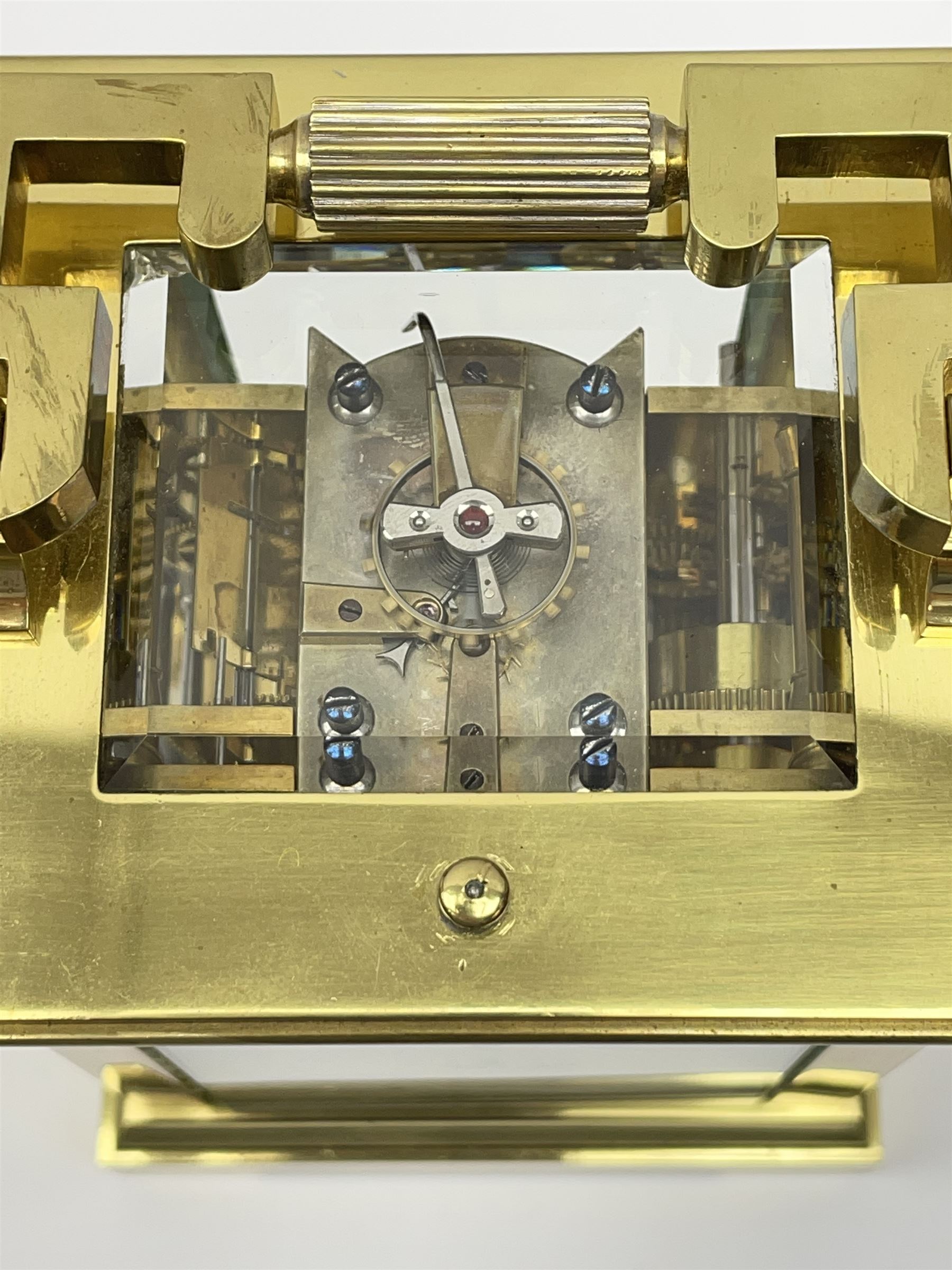 Early 20th century brass and bevelled glass repeater carriage clock with alarm - Image 4 of 9