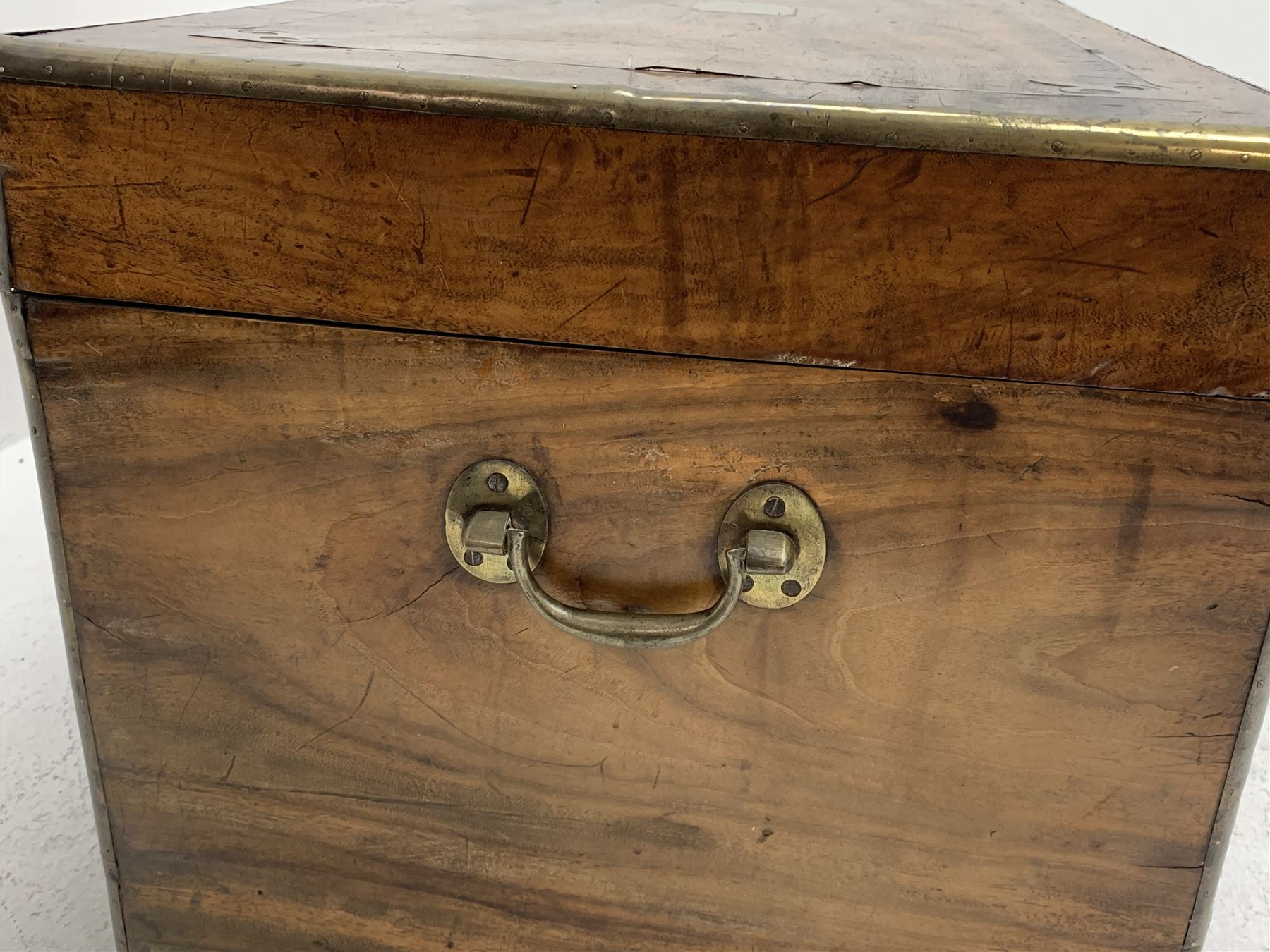 19th century brass bound camphor wood campaign chest, with decorative brass inlays and carrying hand - Image 4 of 5