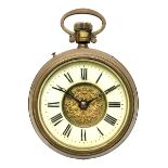 Late 19th century brass cased oversized pocket watch timepiece clock, circular enamel Roman chapter