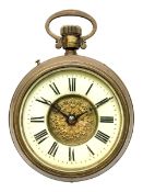 Late 19th century brass cased oversized pocket watch timepiece clock, circular enamel Roman chapter