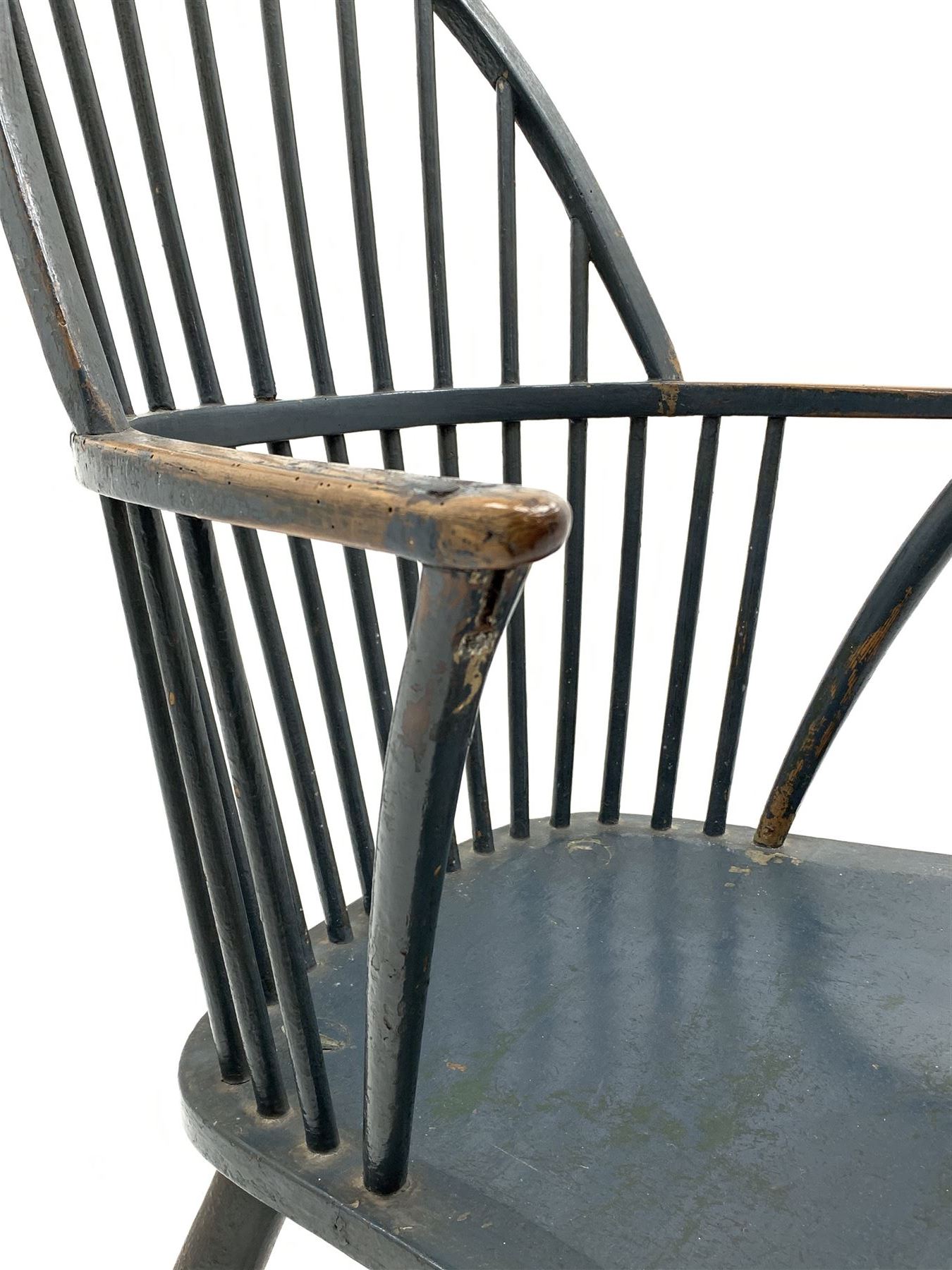 Early 19th century painted elm and oak high comb back Windsor rocking armchair - Image 2 of 6