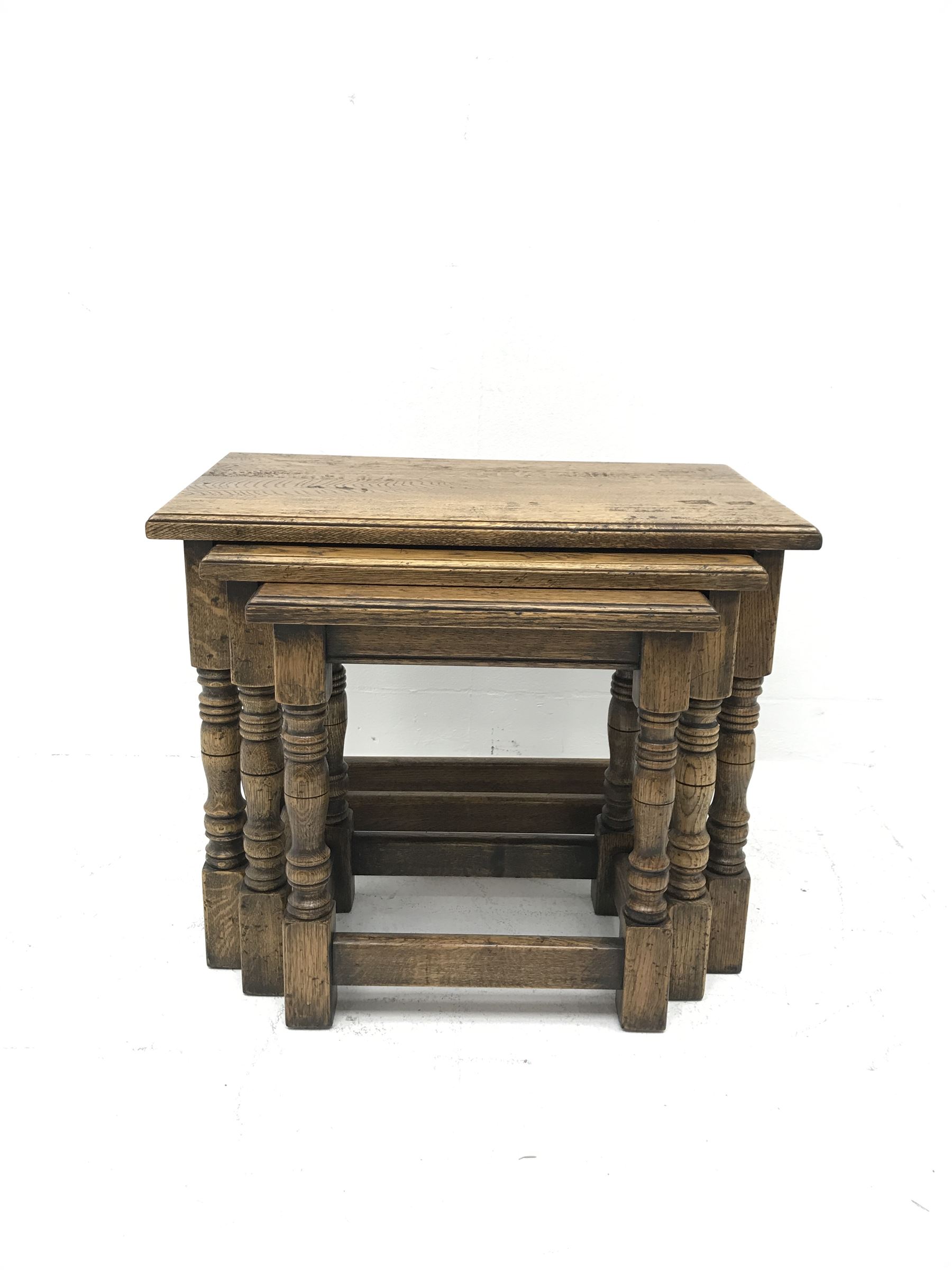 Traditional distressed light oak rectangular nest of three tables, turned legs, W59cm, D33cm, H47cm - Image 2 of 3