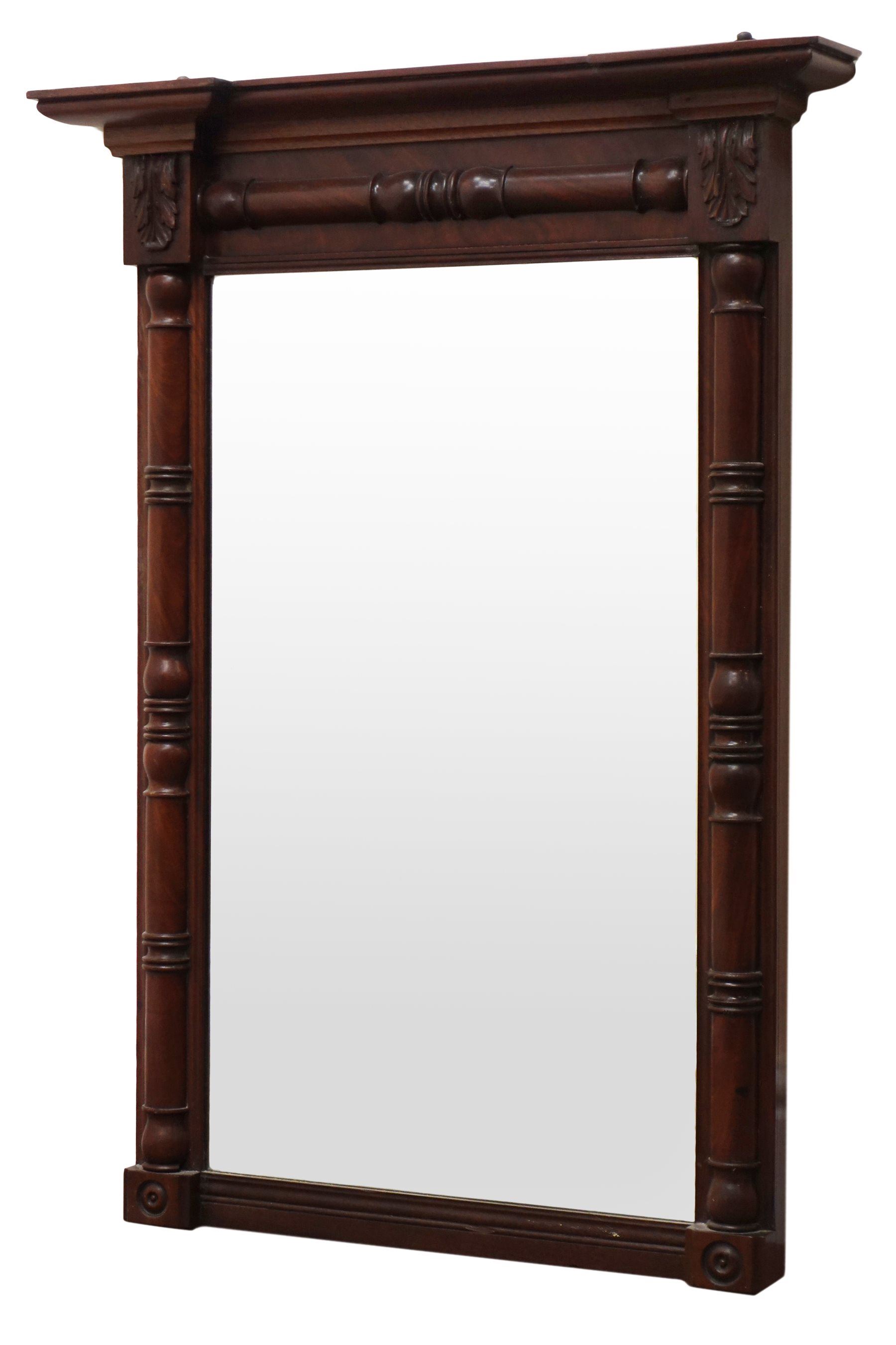 Regency mahogany pier glass mirror, upright plate with moulded cornice and split baluster turned mou