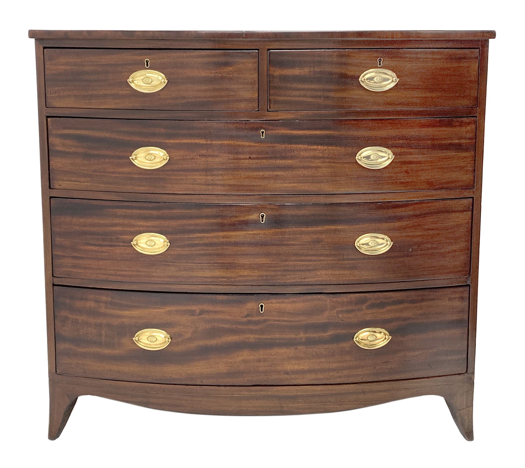 Early 19th century figured mahogany bow front chest, two short and three long drawers, shaped apron