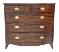 Early 19th century figured mahogany bow front chest, two short and three long drawers, shaped apron